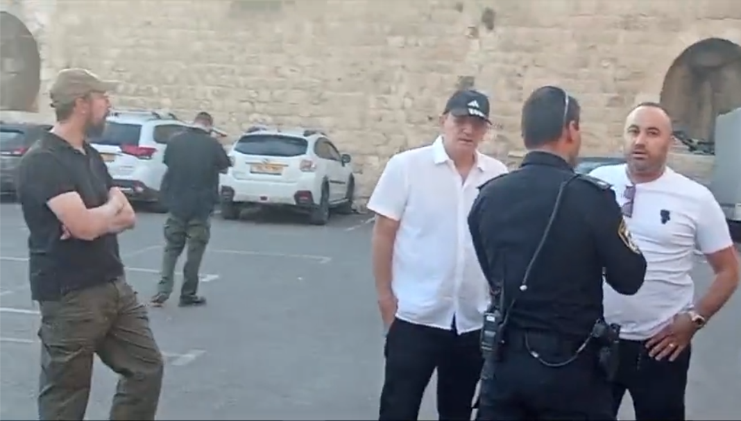 A still from a video shared by Jerusalem’s Armenian community, showing American Jewish settler Saadia Hershkop (left) next to Australian investor Danny Rothman (middle)