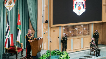 Jordanian King Abdullah II makes a speech at the parliament building during the inauguration of the new term of the Jordanian Parliament, in Amman, Jordan on November 15, 2021. (Photo by Royal Hashemite Court/Handout/Anadolu Agency via Getty Images)