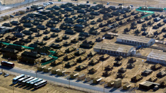 Aerial view of a military camp near kibbutz kissufim, built to participate in the Israeli pullout from Gaza Strip, 03 August 2005. AFP PHOTO/EITAN ABRAMOVICH (Photo by EITAN ABRAMOVICH / AFP) (Photo by EITAN ABRAMOVICH/AFP via Getty Images)	