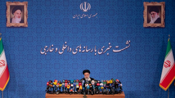 Iranian President-Elect Ebrahim Raisi holds a press conference at Shahid Beheshti conference hall on 21 June, 2021 in Tehran, Iran. [Getty]