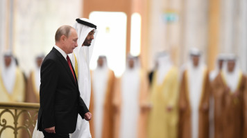 Russian President Vladimir Putin is received by Sheikh Mohamed bin Zayed al-Nahyan, Crown Prince of Abu Dhabi, on 15 October 2019. [Getty]