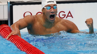 Ahmed Hafnaoui of Team Tunisia celebrates after winning the Men's 400m Freestyle Final on day two of the Tokyo 2020 Olympic Games at Tokyo Aquatics Centre on July 25, 2021 in Tokyo, Japan. (Photo by Tom Pennington/Getty Images)