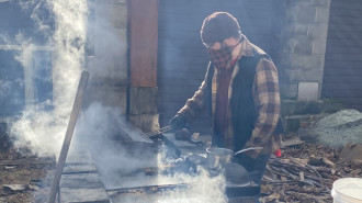 Dave Belleville of Syrup for Syria, boiling sap down into maple syrup