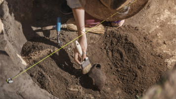 An archaeologist brushing off their find