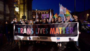 Young People take part in a Trans freedom march for victims of transphobic hatred with a banner saying Trans lives matter, on November 20, 2021 in Rome, Italy. Transgender Day of Remembrance (Tdor) is the global day of remembrance for victims of hate and violence against transgender people.