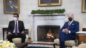 U.S. President Joe Biden meets with Sheikh Tamim Bin Hamad Al-Thani, Amir of the State of Qatar, in the Oval Office at the White House on January 31, 2022 in Washington, DC