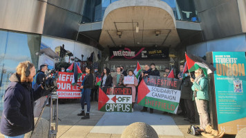 People with Palestinian flags and pro-Palestine banners