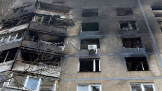 A burnt-out apartment building in Ukraine's Kharkiv city