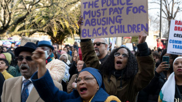 Hundreds of protesters attend a rally in front of Hackney Town Hall to demonstrate their support of Child Q who was strip searched by police, aged 15, after being wrongly accused of possession of cannabis