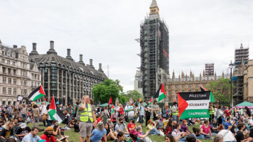 Protesters gathering in Parliament Square, setting up various Palestinian flags during the demonstration. The Free Palestine rally was staged outside Parliament Square to express solidarity with Palestine, demanding immediate action from the part of the UK government to stop mass killings in Palestine