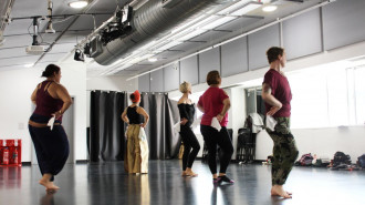 A new group of Algerian folkdance enthusiasts practice at a dance studio in Brick Lane, East London [photo credit: Nazli Tarzi]