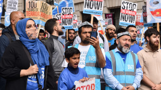 Protesters hold placards expressing their opinion during the demonstration. Uyghurs and UK Muslim organizations gathered opposite the Chinese embassy in London to protest against the Chinese government's involvement in ongoing human rights abuses against Uyghurs and other ethnic minorities