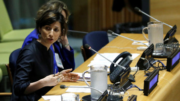  Francesca Albanese (L), delivers a speech during the UN Forum on the Question of Palestine at the United Nations Trusteeship Council Chamber in New York, United States on May 18, 2018