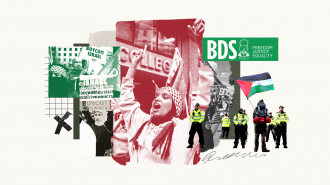 An illustration featuring images related to Palestine and boycotting Israel