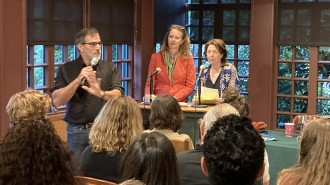 Palestinian poets and translators read their work at a preview event for the Palestine Writes Literature Festival. [Brooke Anderson/The New Arab]