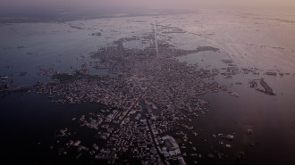 Aerial view of Khaipur Nathan Shah in September 2022. The city was completely cut off from the rest of Pakistan, leaving over 150,000 residents stranded in the city in a dire situation. Photo: Omar Hamed Beato