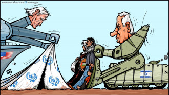 Cartoon of Biden holding up tend and Netanyahu as bulldozer pushing Palestinians into it