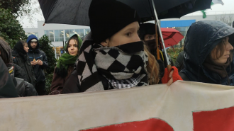 A blockade protest outside a factory in Wimborne, UK