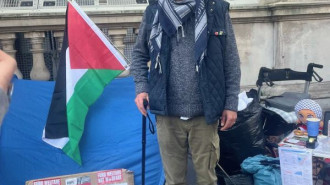 Palestine Solidarity Movement member Chris Spencer-Smith camps outside 10 Downing Street for a week to protest Israel's war on Gaza and call on the UK government to end arms sales to Israel, November 2024. [Photo from Palestine Solidarity Movement]