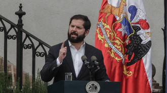 The President of Chile Gabriel Boric speaks during the commemoration of the 51 years since the 1973 coup d'état, an activity carried out in the Palacio de la Moneda. Commemoration of 51 years since the coup d'état of 1973