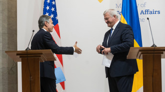 U.S. Secretary of State Antony Blinken greets Ukraine's Foreign Minister Andrii Sybiha at a joint press conference with Britain's Foreign Secretary David Lammy 