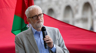 	Jeremy Corbyn speaks at a Pro Palestinian rally. The former Labour Party leader and now Independent MP speaks during a Palestine Solidarity Campaign, the demonstration with flags and banners is demanding ceasefire taking place outside of Whitehall, Downing Street. London United Kingdom on September 11, 2024.