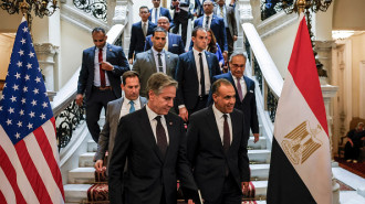 US Secretary of State Antony Blinken (C-L) walks down a staircase with Egypt's Foreign Minister Badr Abdelatty (C-R) during their meeting at Tahrir palace in the centre of Cairo on September 18, 2024. (Photo by EVELYN HOCKSTEIN/POOL/AFP via Getty)