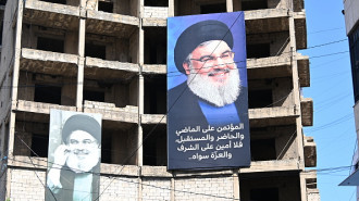 A portrait of Hezbollah's Secretary-General Hassan Nasrallah, who lost his life after Israeli army's airstrike which was carried out by F-35 fighter jets, is hung on a building in Beirut, Lebanon on September 29, 2024.