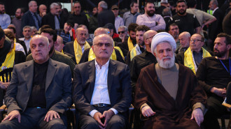 	Deputy chief of the Lebanese Hezbollah group Naim Qassem (R) attends a commemoration ceremony alongside former finance minister Ali Hassan Khalil (C) and Iran's Ambassador in Lebanon Mojtaba Amani, at the memorial grave of slain Hezbollah commander Imad Mughniyeh on April 5, 2024. (Photo by ANWAR AMRO/AFP via Getty Images)