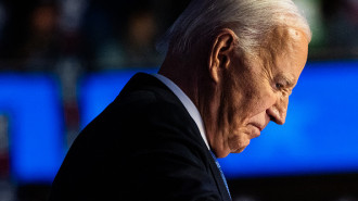 US President Joe Biden holds back tears during day one of the Democratic National Convention at the United Center in Chicago, IL on Monday, August 19, 2024. 