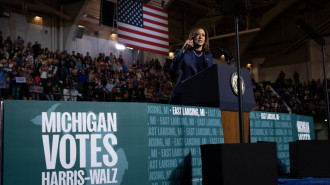 US Vice President Kamala Harris speaks at a campaign rally at Jenison Field House on the Michigan State University campus