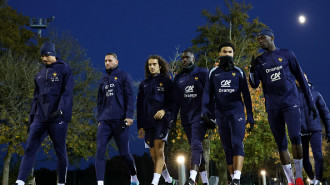 (L-R) defender #17 WIlliam Saliba, France's midfielder #14 Adrien Rabiot, France's midfielder #8 Matteo Guendouzi, Fance's defender #04 Dayot Upamecano, France's midfielder #18 Warren Zaire Emery and France's forward #12 Randal Kolo Muani arrive to attend a training session in Clairefontaine-en-Yvelines on November 11, 2024 as part of the team's preparation for upcoming UEFA Nations League qualifying matches against Israel and Italy.