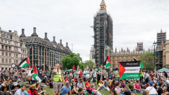 Protesters gathering in Parliament Square, setting up various Palestinian flags during the demonstration. The Free Palestine rally was staged outside Parliament Square to express solidarity with Palestine, demanding immediate action from the part of the UK government to stop mass killings in Palestine