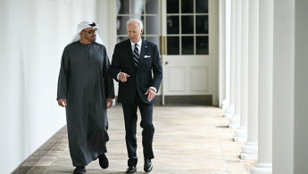 US President Joe Biden walks with President of the United Arab Emirates Sheikh Mohamed bin Zayed al-Nahyan along the colonnade of the White House in Washington, DC, on September 23, 2024. (Photo by BRENDAN SMIALOWSKI/AFP via Getty Images)