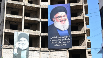 A portrait of Hezbollah's Secretary-General Hassan Nasrallah, who lost his life after Israeli army's airstrike which was carried out by F-35 fighter jets, is hung on a building in Beirut, Lebanon on September 29, 2024.