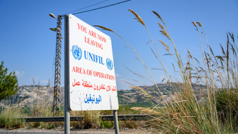 A sign marks the northern operational boundary of United Nations Peacekeepers of the UNIFIL force, which has seen multiple injured soldiers due to cross-border Israeli military action against its posts along the Blue Line that separates Lebanon and Israel, on October 15, 2024 north of Tyre, Lebanon.