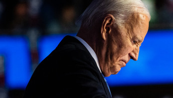 US President Joe Biden holds back tears during day one of the Democratic National Convention at the United Center in Chicago, IL on Monday, August 19, 2024. 