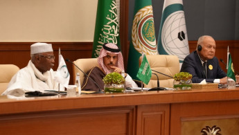 Saudi Arabia's Foreign Minister Faisal bin Farhan Al Saud , Arab League Secretary-General Ahmed Aboul Gheit, and Organization of Islamic Cooperation (OIC) Secretary-General Hissein Brahim Taha hold a press conference after the Extraordinary Joint Summit of the Organization of Islamic Cooperation and the Arab League in Riyadh, Saudi Arabia on November 11, 2024. (Photo by Metin Yuksel Kaya/Anadolu via Getty Images)