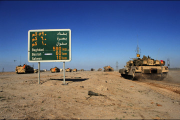 Kuwait after Iraqi occupation on February 28, 1991 - Allied forces on the road from Kuwait City to Basra. [Getty]