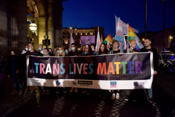 Young People take part in a Trans freedom march for victims of transphobic hatred with a banner saying Trans lives matter, on November 20, 2021 in Rome, Italy. Transgender Day of Remembrance (Tdor) is the global day of remembrance for victims of hate and violence against transgender people.