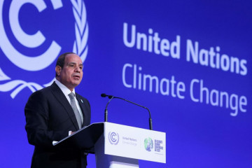 Egypt's President Abdel Fattah al-Sisi presents his national statement as part of the World Leaders' Summit of the COP26 UN Climate Change Conference in Glasgow, Scotland on November 1, 2021