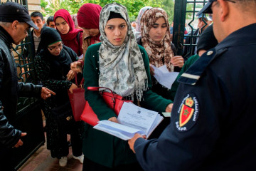 Moroccan women arrive to sit an exam on May 6, 2018, in the capital Rabat, to become a notary in Islamic law, known locally as an "Adoul", after the position was opened to women for the first time in Morocco [Getty Images]