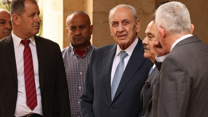 Lebanon's Parliament Speaker Nabih Berri (C) waits for the arrival of the European Commission President and Cypriot President (not pictured) in Beirut on May 2, 2024. (Photo by ANWAR AMRO/AFP via Getty Images)