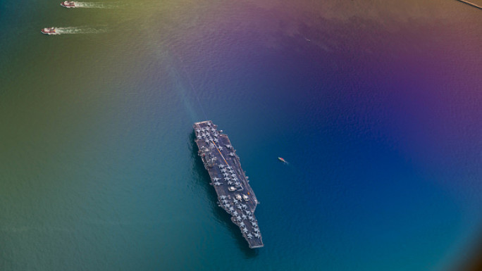 	The US aircraft carrier USS Theodore Roosevelt is sailing away from Singapore as captured from a plane taking off from Singapore in Singapore, Singapore, on May 24, 2024. (Photo by Marc Fernandes/NurPhoto via Getty Images)