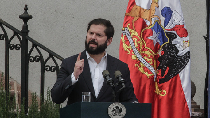 The President of Chile Gabriel Boric speaks during the commemoration of the 51 years since the 1973 coup d'état, an activity carried out in the Palacio de la Moneda. Commemoration of 51 years since the coup d'état of 1973