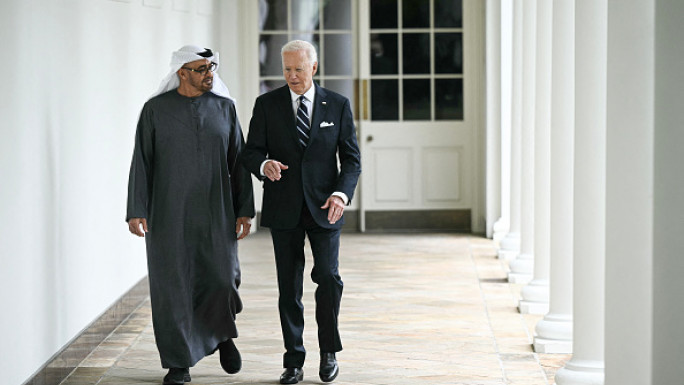 US President Joe Biden walks with President of the United Arab Emirates Sheikh Mohamed bin Zayed al-Nahyan along the colonnade of the White House in Washington, DC, on September 23, 2024. (Photo by BRENDAN SMIALOWSKI/AFP via Getty Images)