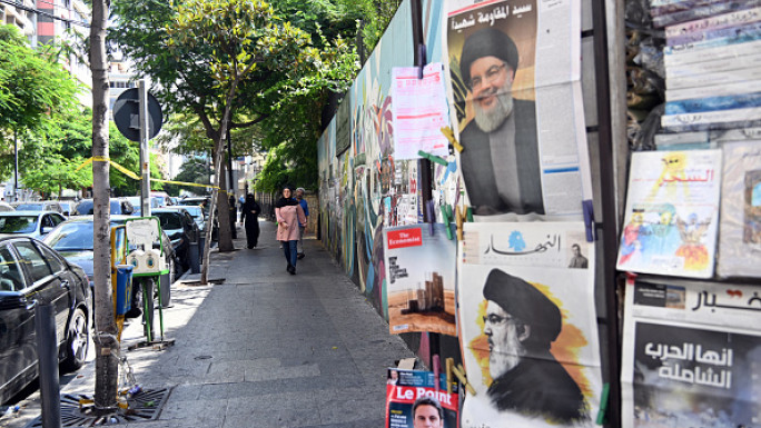  The newspapers with news about the death of Hezbollah's Secretary-General Hassan Nasrallah, who lost his life after Israeli army's airstrike which was carried out by F-35 fighter jets, are seen in Beirut, Lebanon on September 29, 2024. (Photo by Houssam Shbaro/Anadolu via Getty Images)