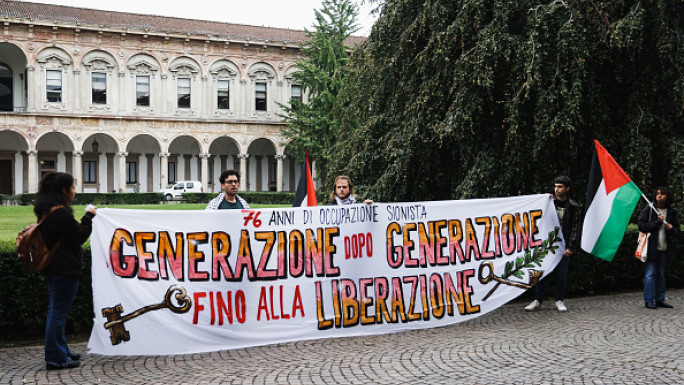 Demonstrators participate in the Pro-Palestinian protests on university campuses at Universita Statale of Milano in Milan, Italy, on October 07, 2024.