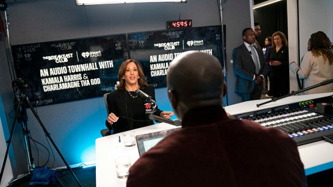 Democratic nominee Vice President Kamala Harris sits down for an iHeart Radio conversation with Charlamagne tha God, host of the Breakfast Club, in Detroit, Michigan, on Tuesday, October 15, 2024.