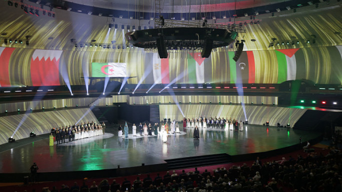 Algerian dancers perform in a show during the 70th anniversary of Algerian Revolution Day in Algiers, Algeria, on October 30, 2024. (Photo by APP/NurPhoto via Getty Images)